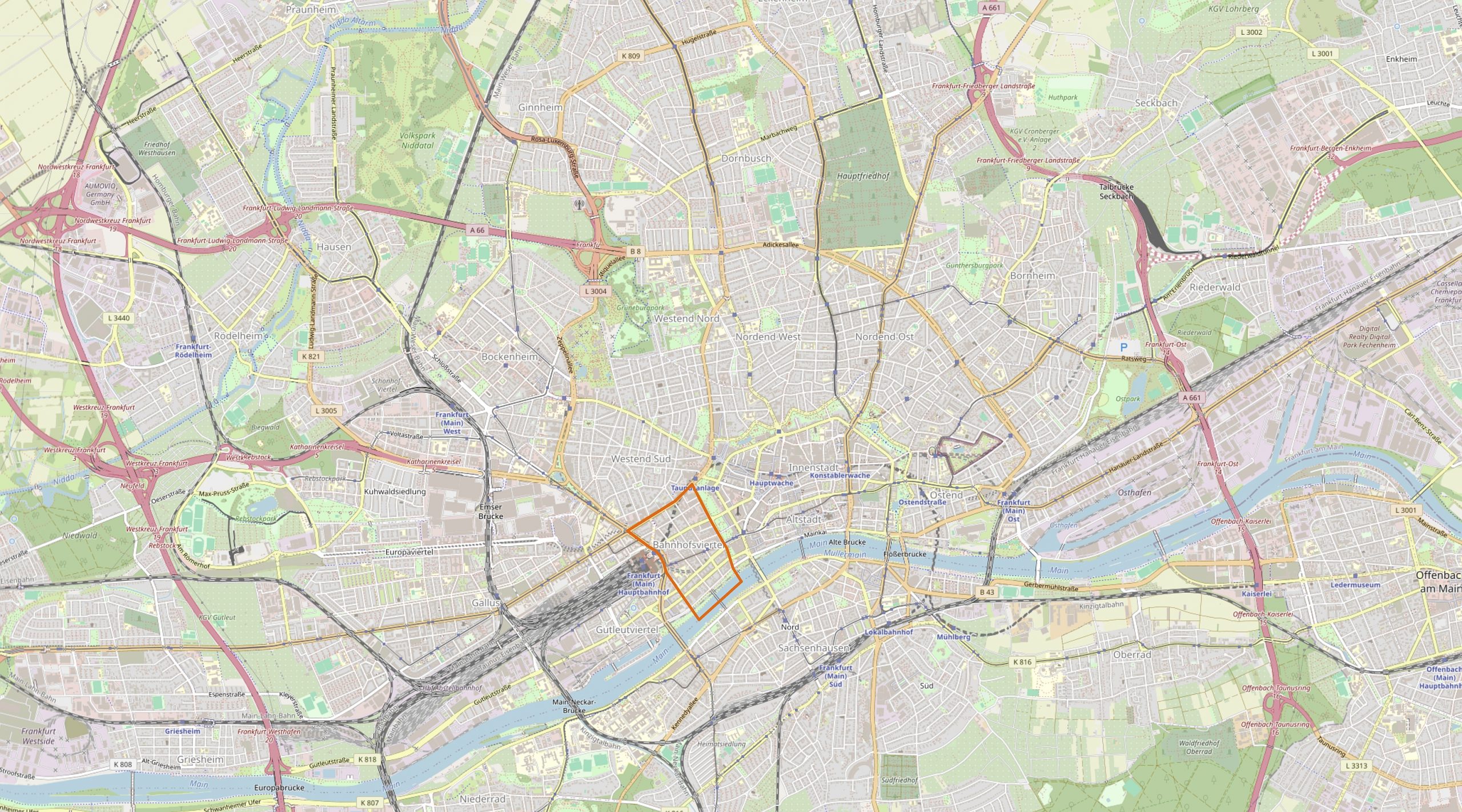 Karte des Bahnhofsviertels im Kontext (OpenStreetMap) Karte des Bahnhofsviertels im Kontext (OpenStreetMap)